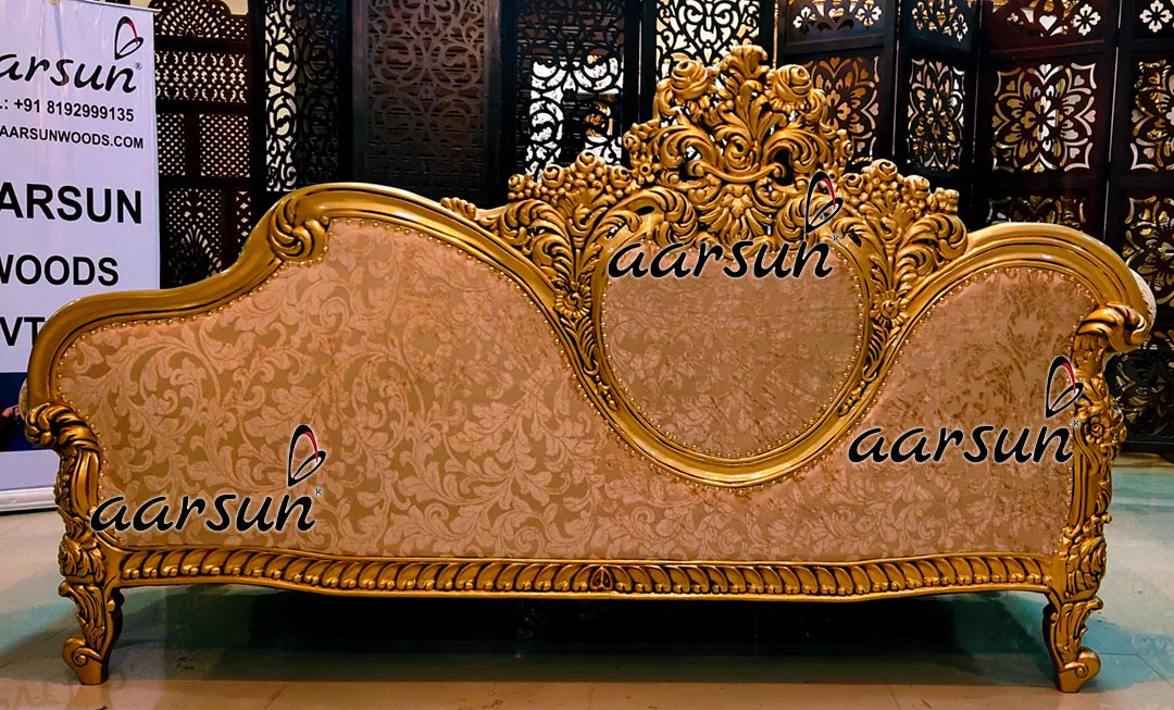Grand Double Carved Divan Couch In Antique Gold Paint Handcrafted In Teak View 3