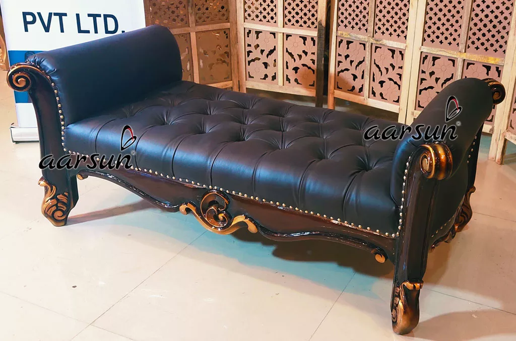 Handcrafted Wooden Brown Leather Settee
