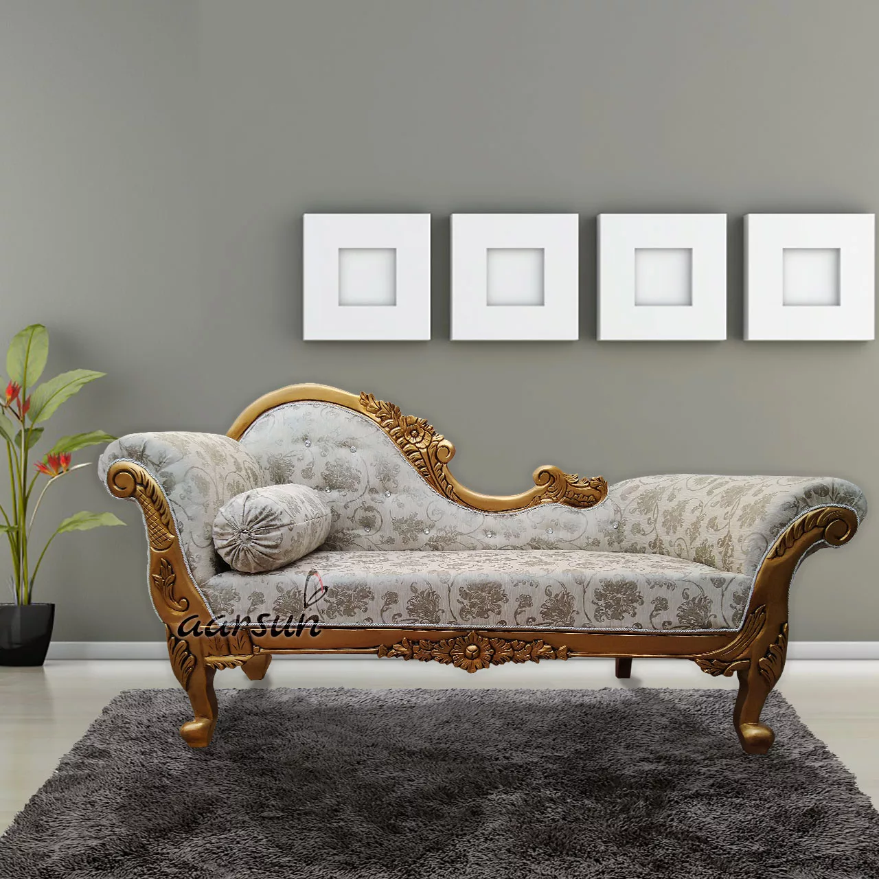 Royal Wooden Chaise Lounge Sofa – Gold Polish